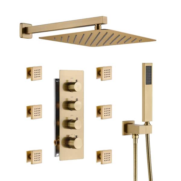 Luxury 3-Spray 12 in. 2.5 GPM Wall Mount Dual Shower Head and Handheld Shower Head with 6-Body Jets in Brushed Gold