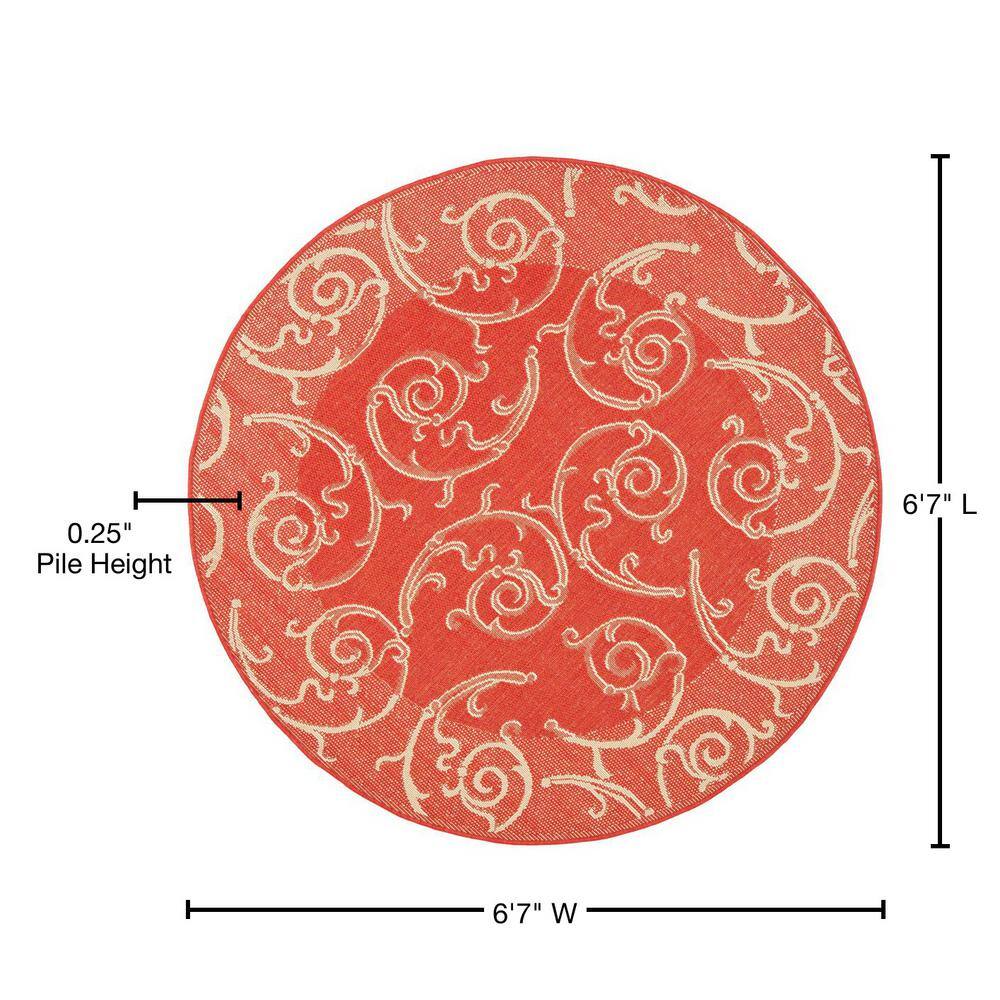 Vibrant Red Floral Vine Scroll 6'7" Round Indoor/Outdoor Rug