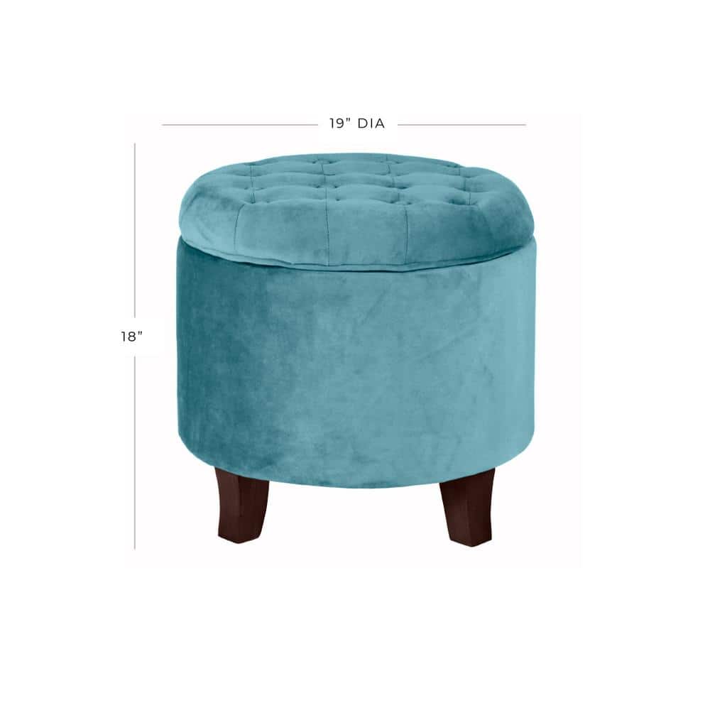 Teal Velvet Tufted Round Ottoman with Rustic Wood Legs
