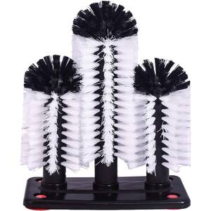 10.43 in. Nylon Cleaning Bottle Brush Glass Cup Washer with Suction Base 3 Head Bristle Brush for Kitchen Sink in Black