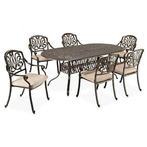Capri Taupe Tan Brown 7-Piece Cast Aluminum Oval Outdoor Dining Set with Natural Tan Cushions