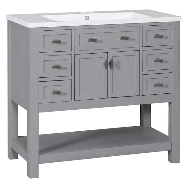 Unbranded 36 in. W x 18 in. D x 34.1 in. H Single Sink Freestanding Bath Vanity in Gray with White Ceramic Top