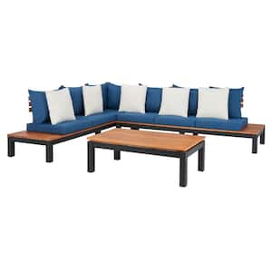 Fristal Natural Wood Outdoor Patio Sectional with Navy Cushions and Beige Pillows