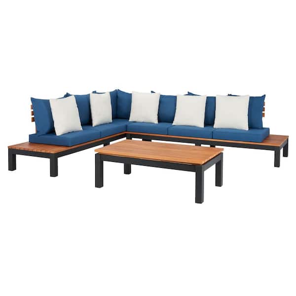 SAFAVIEH Fristal Natural Wood Outdoor Patio Sectional with Navy Cushions and Beige Pillows