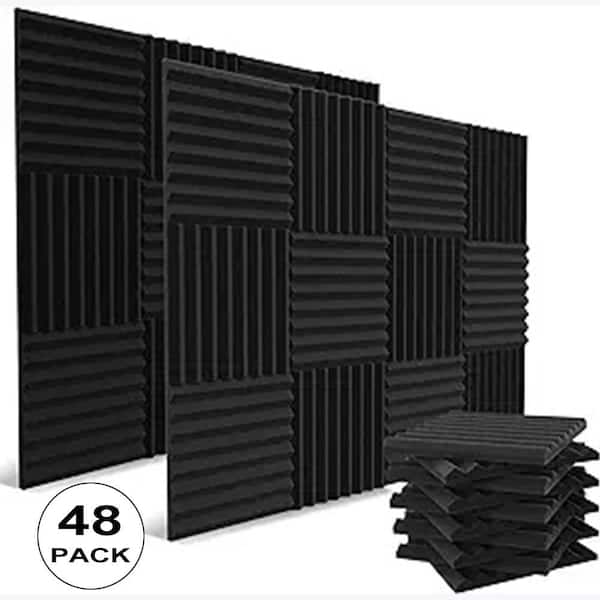 1 in. x 12 in. x 12 in. Black Sound Absorbing Acoustic Foam Self-adhesive Panel Wall Treatment, 48-pack