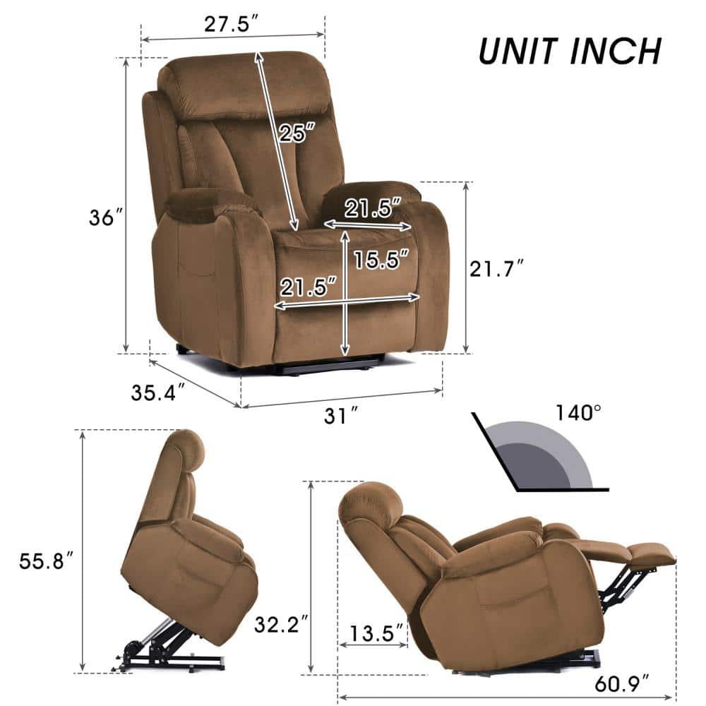 Diagram showing dimensions and angles of the recliner chair.