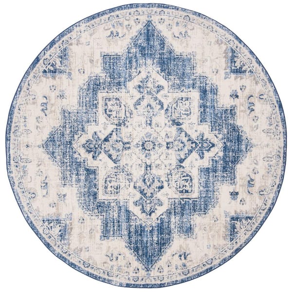 Brentwood Ivory/Navy 10 ft. x 10 ft. Floral Medallion Border Round Area Rug