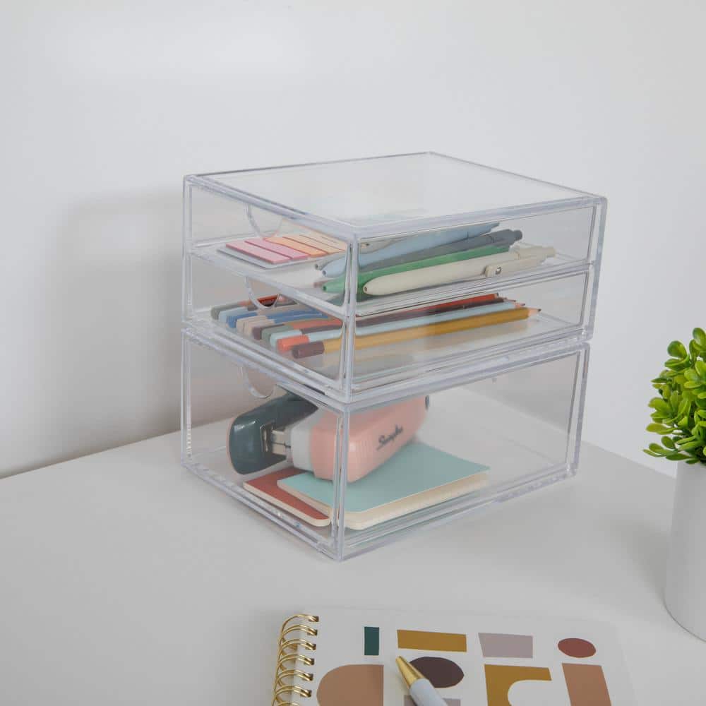 Clear Stackable Plastic Office Desktop Organizer with Single and Double Drawers