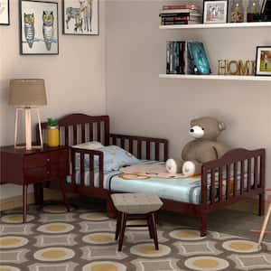 Kids Toddler Wood Bed Bedroom Furniture w/ Guardrails Brown