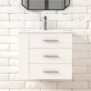 Rita 24.25 in. Single Sink Wallmount Bath Vanity with White Ceramic Countertop in Matte White with Left Side Shelf