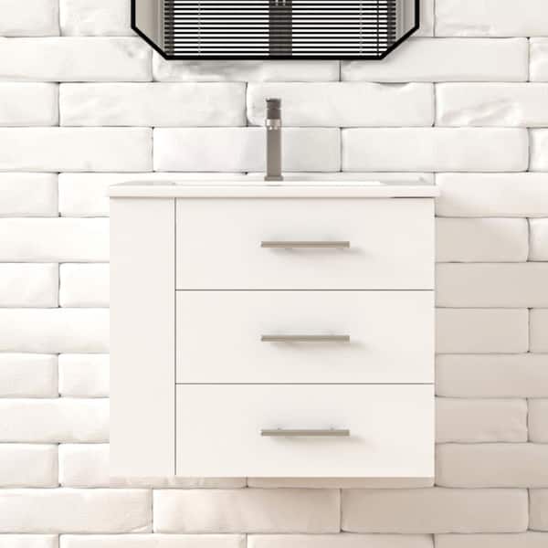 Rita 24.25 in. Single Sink Wallmount Bath Vanity with White Ceramic Countertop in Matte White with Left Side Shelf