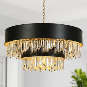 Phesonlaxy 15-Light Black and Plating Brass 2-Tier Crystal Drum Chandelier with Goldleaf Interior, No Bulbs Included