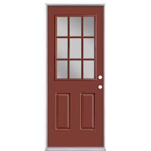 32 in. x 80 in. 9 Lite Red Bluff Left Hand Inswing Painted Smooth Fiberglass Prehung Front Door with No Brickmold