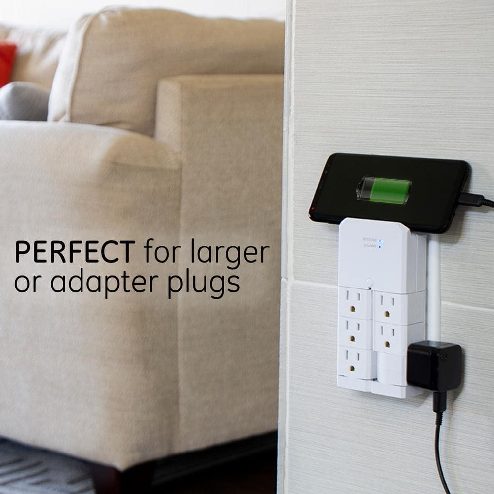 White 6-Outlet Swivel Wall Tap Surge Protector with USB Ports