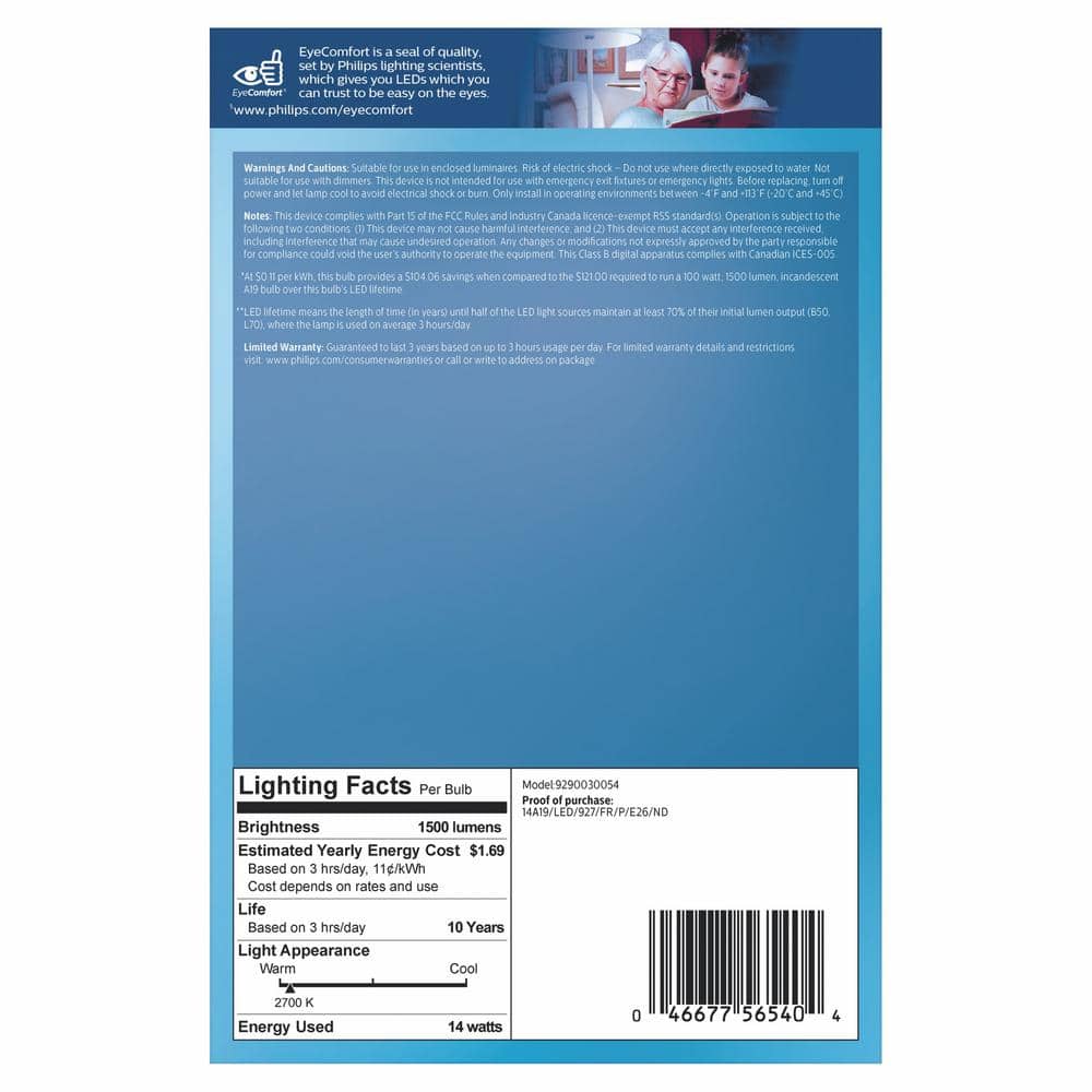 Philips Frosted Soft White A19 LED Light Bulb 4-Pack