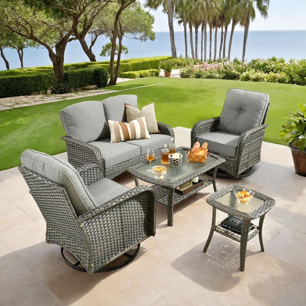 Hot Sale Valora 5-Piece Gray Wicker Outdoor Sectional Set with Gray Cushion, Coffee Table and Side Table for Deck, Patio
