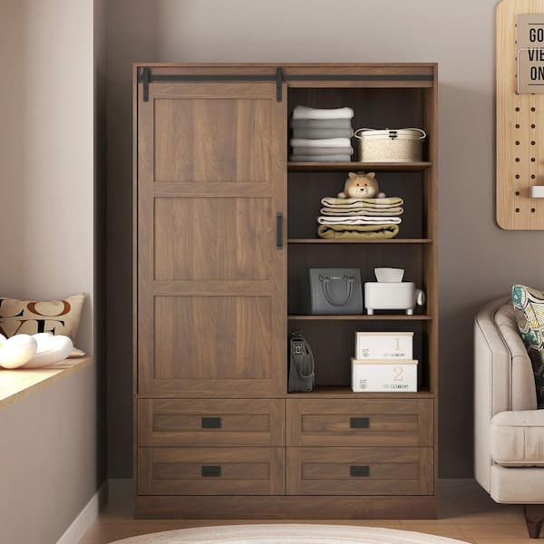 Natural Wood 47.24 in. Armoire with Hanging Rod and Open Shelves