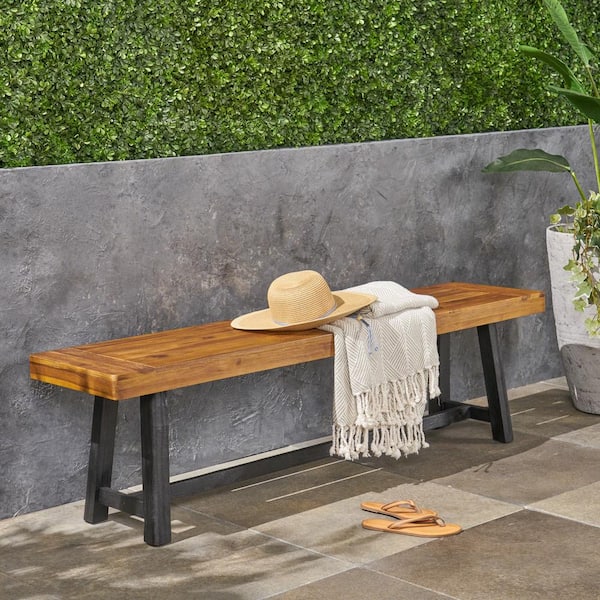 Raphael Sandblast Teak Brown and Black Wood Outdoor Patio Bench