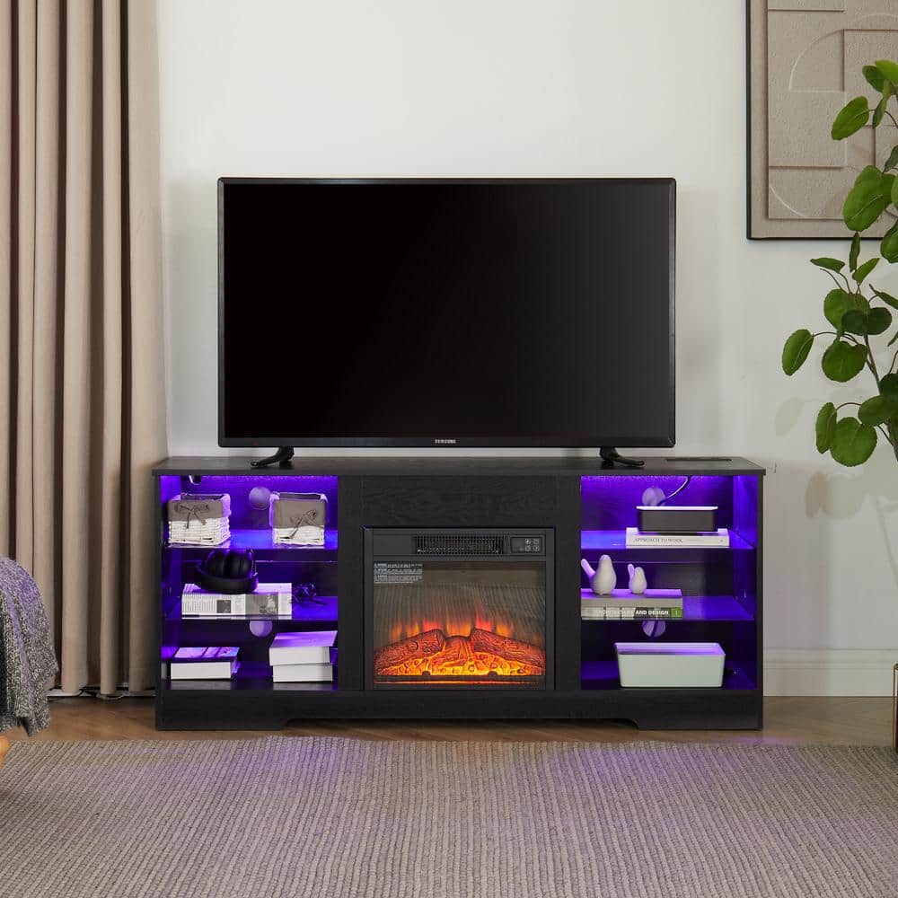 57.87 in. Freestanding Fireplace TV Stand with Glass Shelves & LED with USB