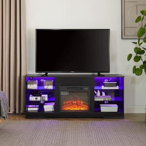 57.87 in. Freestanding Fireplace TV Stand with Glass Shelves & LED with USB Charging Table for TV up to 32-62 in. Black