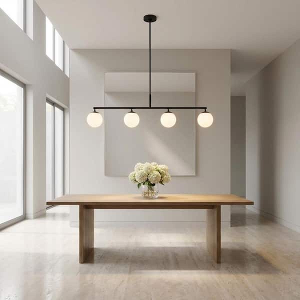 Nube 48 in. W 4-Light Midnight Black Modern Dimmable Linear Chandelier with Milk Glass Globe Shades, Bulbs Included
