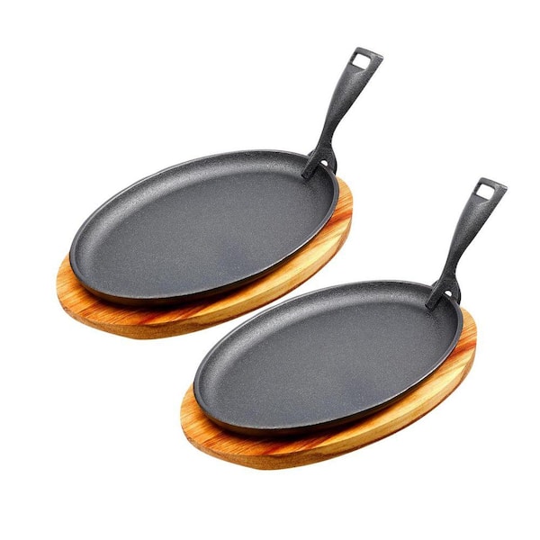2-Piece Cast Iron Fajita Plate Skillet Set with Wooden Base and Removable Anti Scald Handle for Kitchen BBQ Cooking