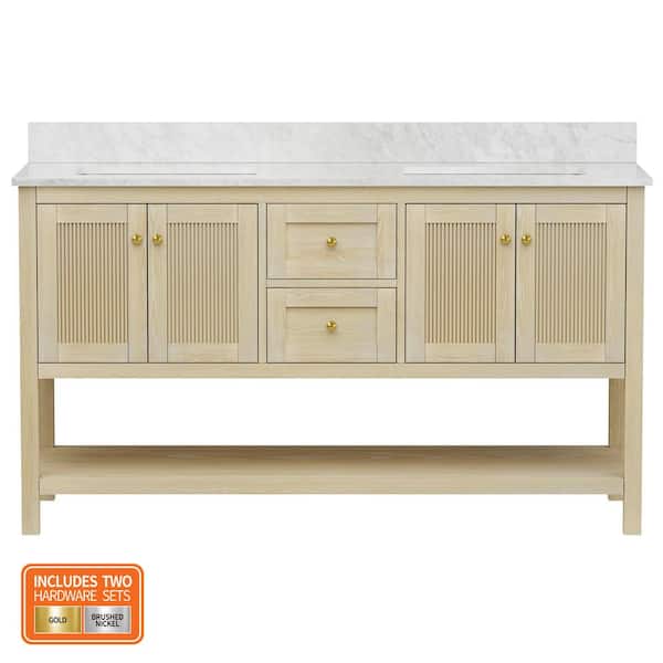 Arcott 61 in. Double Sink Fluted Natural Wood Bath Vanity with Carrara White Marble Top (Assembled)