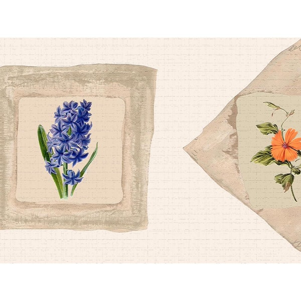 Dundee Deco Falkirk Dandy II Beige Purple Orange Flowers in Squares Floral Peel and Stick Wallpaper Border