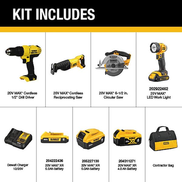 20V MAX Cordless 4 Tool Combo Kit, (1) 20V 4.0Ah and (1) 20V 2.0Ah and (1) 5.0Ah Batteries, and Charger