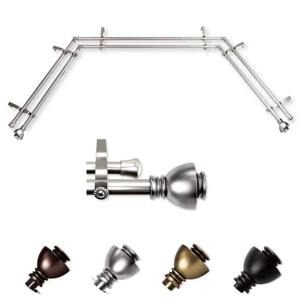 EMOH 13/16" Dia Adjustable 20"-36", 38"-72" Bay Window Double Curtain Rod with Friedman Finials in Satin Nickel
