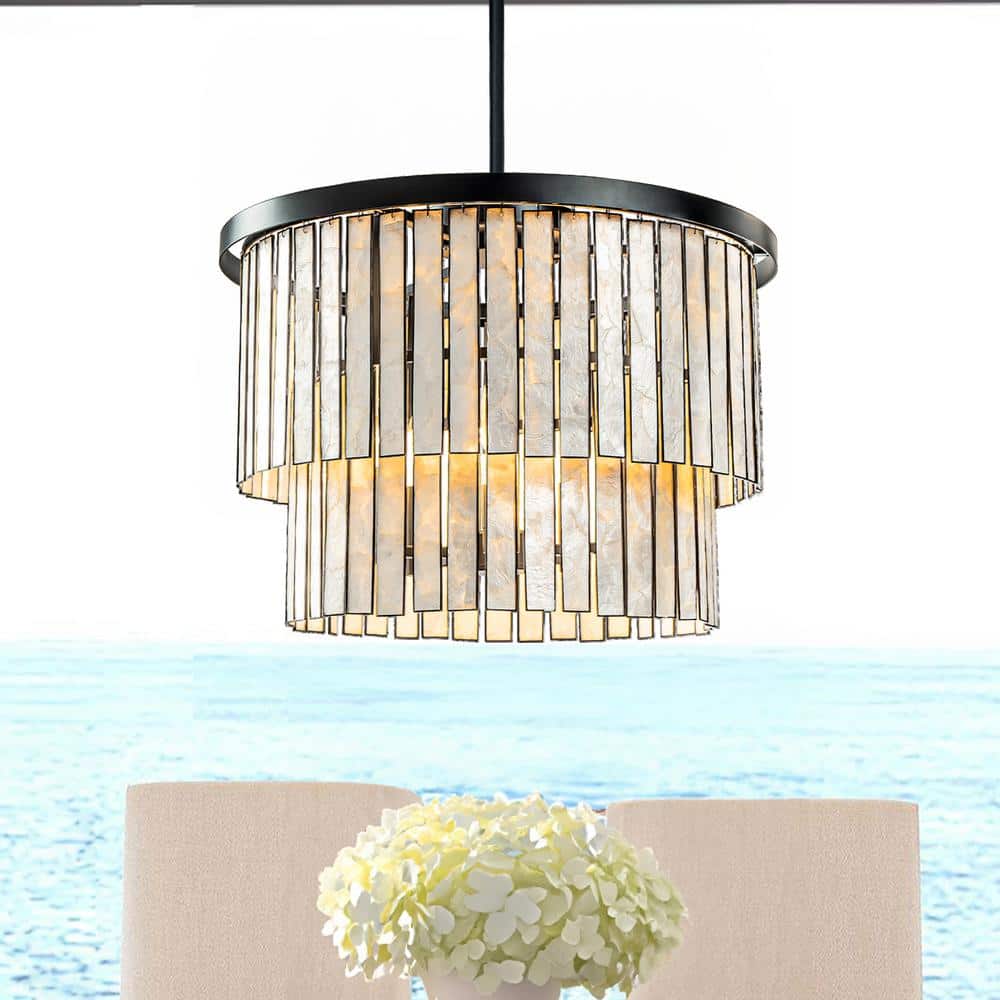 20 in. 5-Light in Matte Black Farmhouse Coastal Capiz Seashells Chandelier 