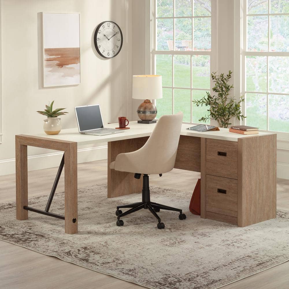 Pebble White and Brushed Oak L-Shaped Desk with Filing Cabinet