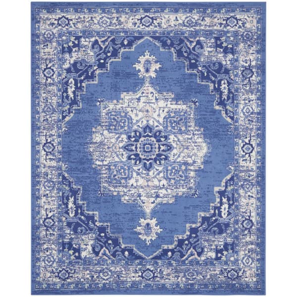 7 ft. x 10 ft. Blue and Beige Floral Medallion Distressed Non Skid Area Rug