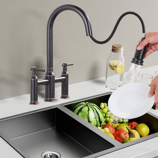 Brass Double Handles High Arc Bridge Kitchen Faucet with 3-Spray Modes Pull Down Sprayer and in Oil Rubbed Bronze