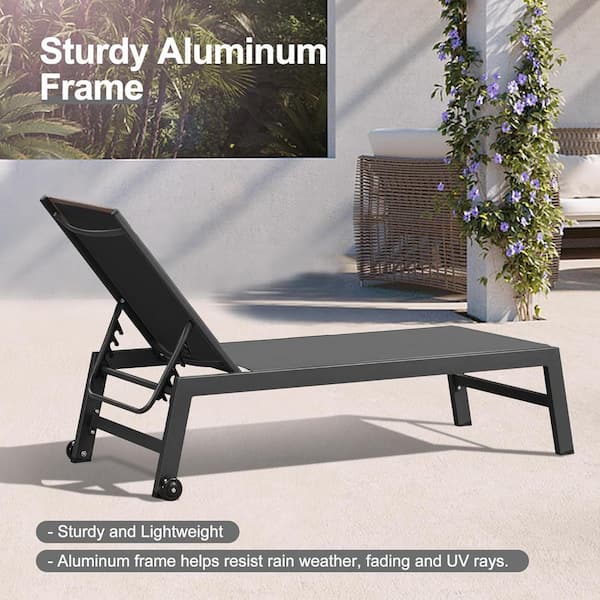 Textilene 3-Pieces Outdoor Metal Pool Lounge Chairs with Side Table and Wheels, Gray