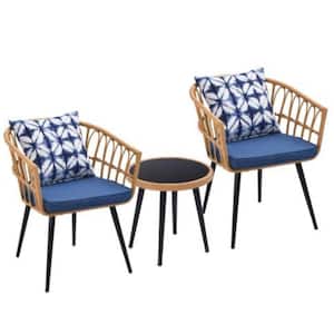 Blue 3-Piece Wicker Round 16 in. H Outdoor Bistro Set with Blue Cushions