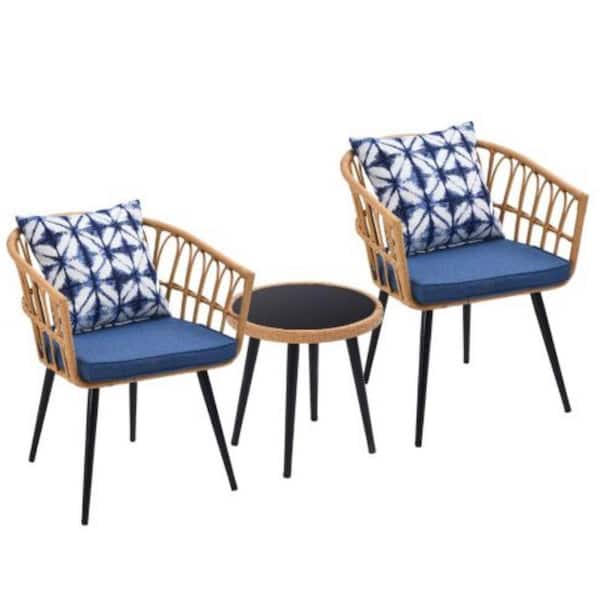 ITOPFOX Blue 3-Piece Wicker Round 16 in. H Outdoor Bistro Set with Blue Cushions