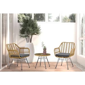 3-Piece Wicker Modern Rattan Patio Conversation Coffee Chair Table Set in Yellow