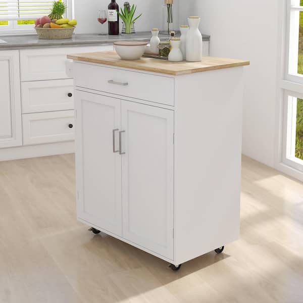 Cesicia White Rubber Wood Top 32.87 in. W Kitchen Island on 4-Wheels with 1 Drawer and Open Shelves