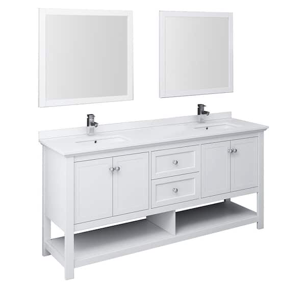 Fresca Manchester 72 in. Double Sink Shaker-Style White Bath Vanity with White Quartz Top, Integrated Sink and Mirror