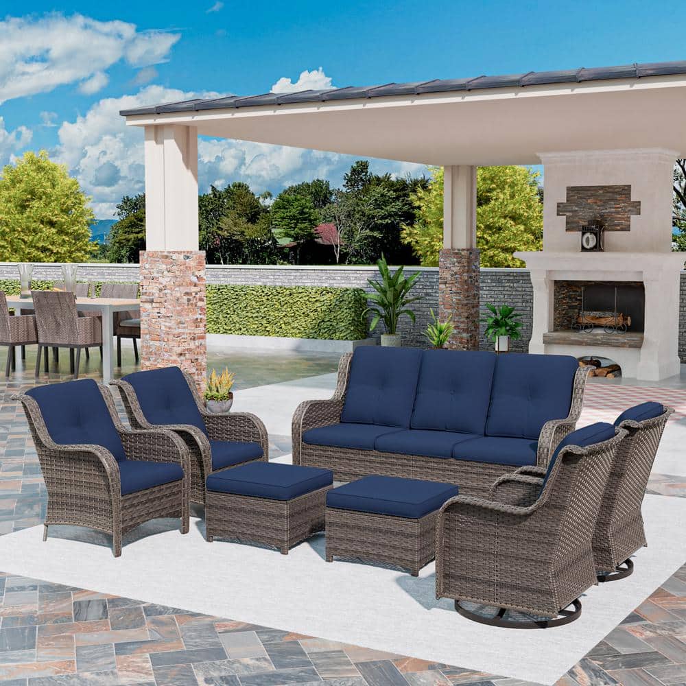 Brown 7-Piece Wicker Outdoor Patio Conversation Set Sectional Sofa with Blue Cushions price history on PriceWatchPro