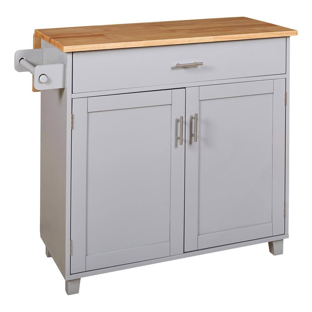 Grey Rubber Wood Kitchen Cart with Drop Leaf, Spacious Drawer, Adjustable 