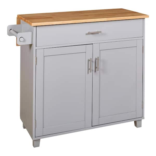 Unbranded Grey Rubber Wood Kitchen Cart with Drop Leaf, Spacious Drawer, Adjustable Shelf and Tower Rack ﻿