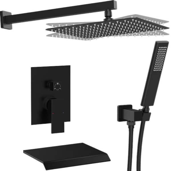waterpar 1-Spray Square Shower System Fixed Shower Head and Tub Faucet with Hand Shower in Matte Black (Valve Included)