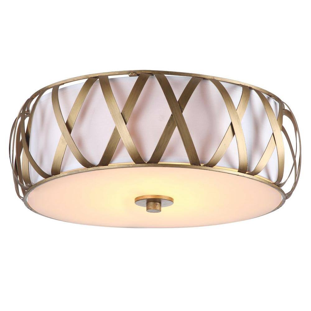 Antique Gold 15'' Modern Steel Drum Flush Mount with White Shade