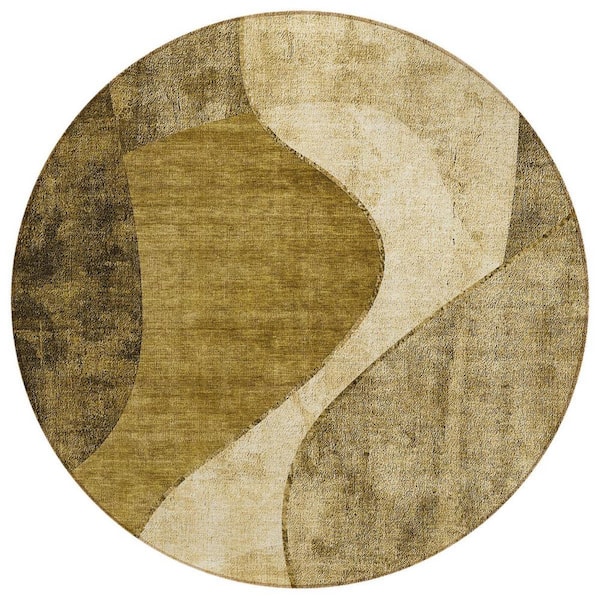 Brown, Beige, Ivory 8 ft. Round Woven Abstract Polyester Round Indoor/Outdoor Area Rug