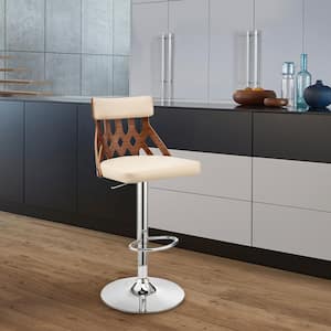 Angelo Adjustable 25-33 in. Seat Height High Back Swivel Cream Faux Leather/Walnut Bar Stool w/Chrome Base 45 in. Height