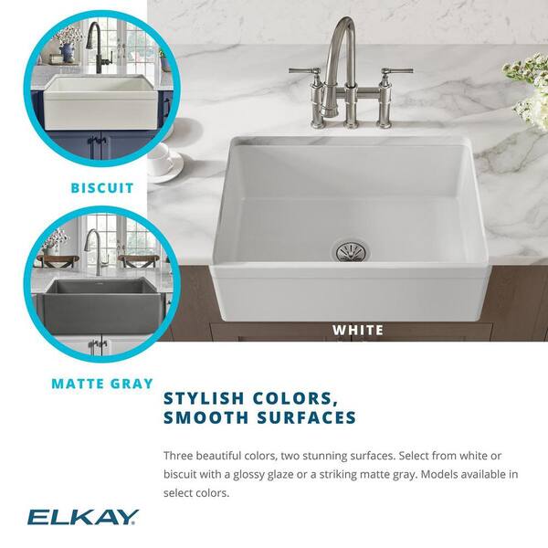 Elkay Explore Farmhouse A Front Fireclay 30 In Single Bowl Kitchen Sink Gloss White Swuf28179wh - Fiberglass Bathroom Farm Sinks