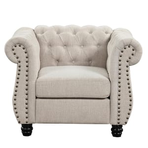Chesterfield Luxury Small Couch Beige Chenille Accent Chair with Rolled Arm Comfortable Deep Cushion Seat