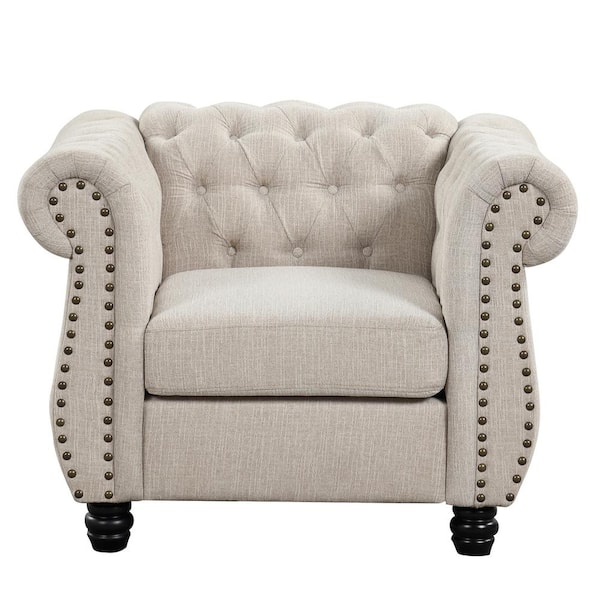 Morden Fort Chesterfield Luxury Small Couch Beige Chenille Accent Chair with Rolled Arm Comfortable Deep Cushion Seat